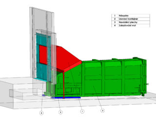 lisovací kontejner plněn pomocí násypky, dokrytování prostoru dvěří