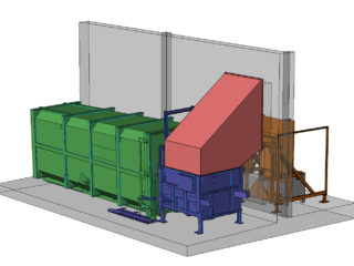 Stacionární lis, přípojný kontejner, vyklápěcí zařízení. Umístění venku, plnění zevnitř budovy